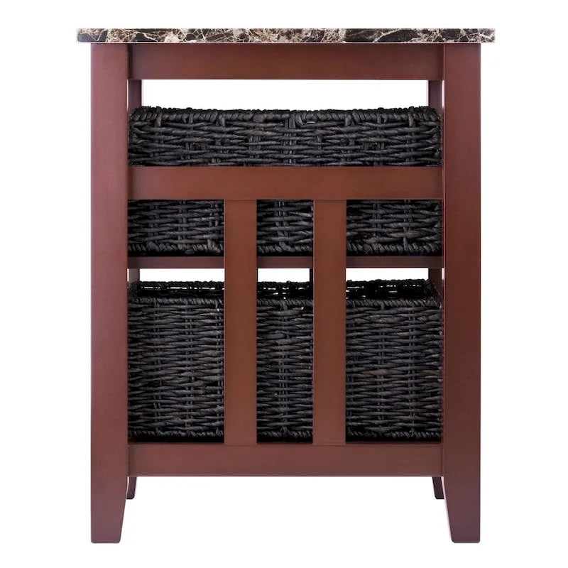 Side Table with Faux Marble Top and 2 Woven Baskets