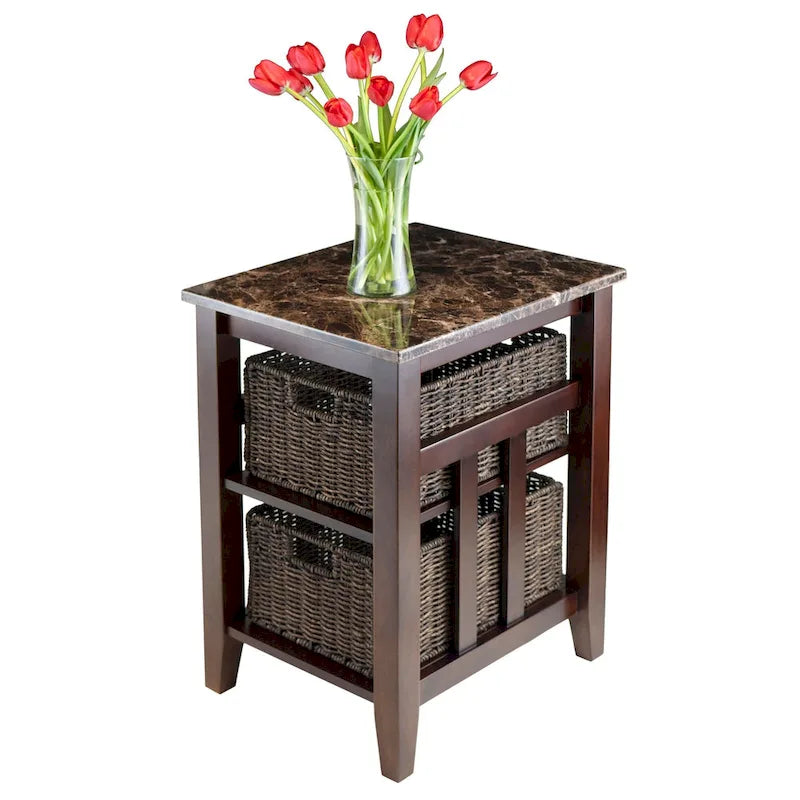 Side Table with Faux Marble Top and 2 Woven Baskets