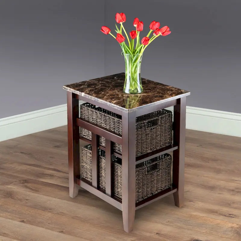 Side Table with Faux Marble Top and 2 Woven Baskets