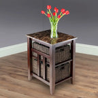 Side Table with Faux Marble Top and 2 Woven Baskets