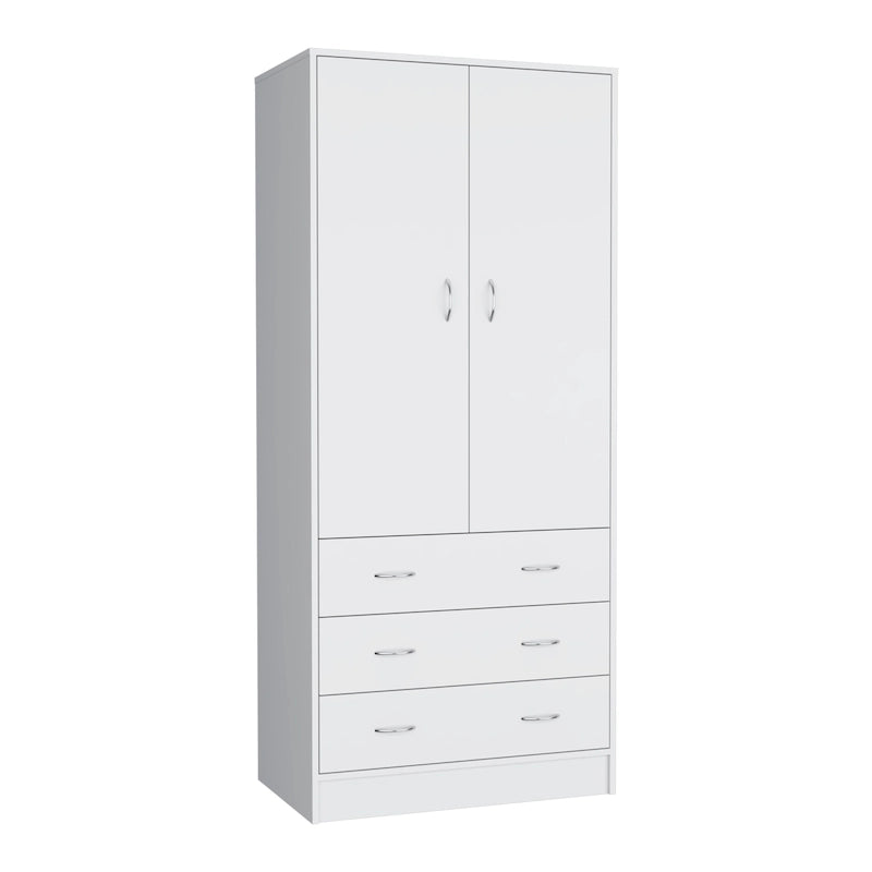 Double Door Wardrobe with 3 Drawers and Hanging Rod