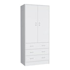 Double Door Wardrobe with 3 Drawers and Hanging Rod