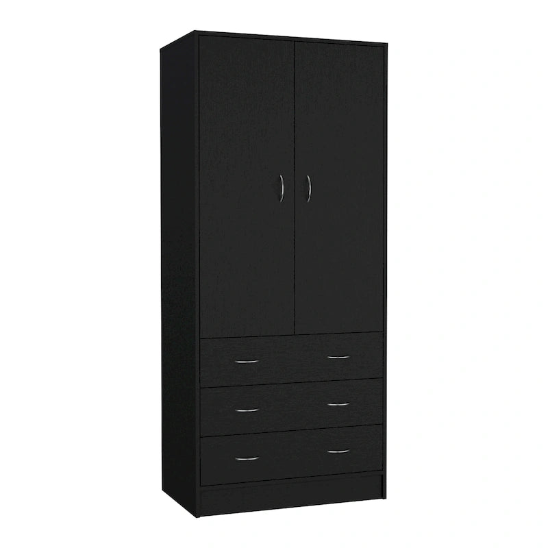Double Door Wardrobe with 3 Drawers and Hanging Rod