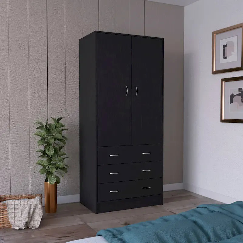 Double Door Wardrobe with 3 Drawers and Hanging Rod