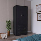 Double Door Wardrobe with 3 Drawers and Hanging Rod