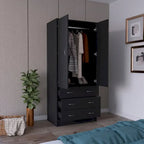 Double Door Wardrobe with 3 Drawers and Hanging Rod