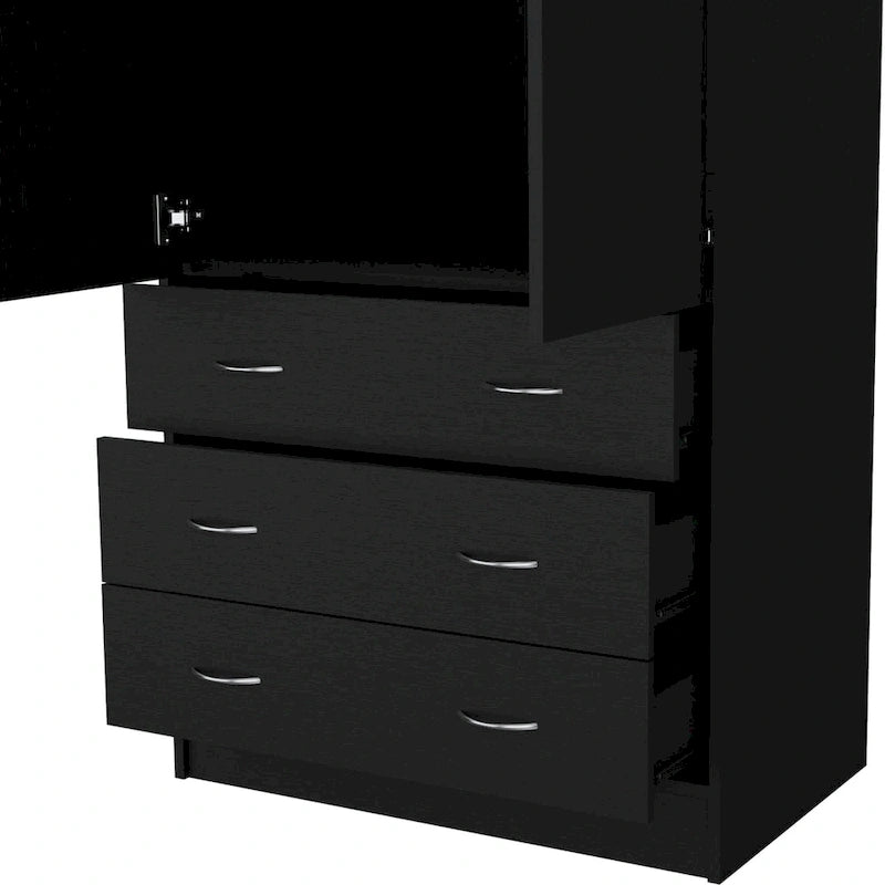Double Door Wardrobe with 3 Drawers and Hanging Rod