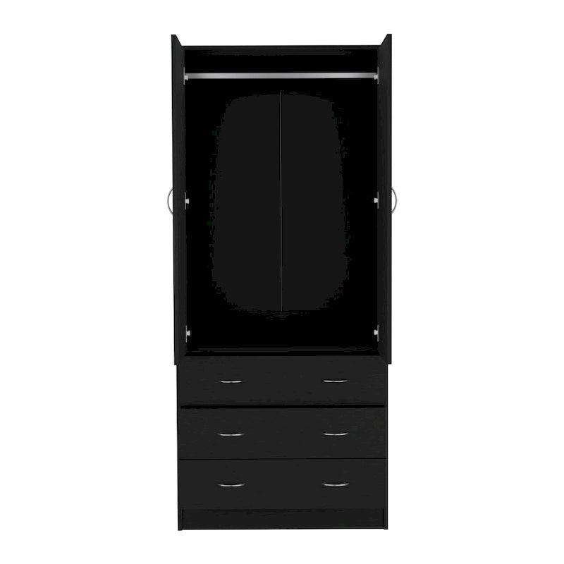 Double Door Wardrobe with 3 Drawers and Hanging Rod