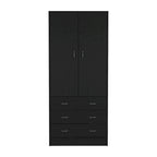 Double Door Wardrobe with 3 Drawers and Hanging Rod