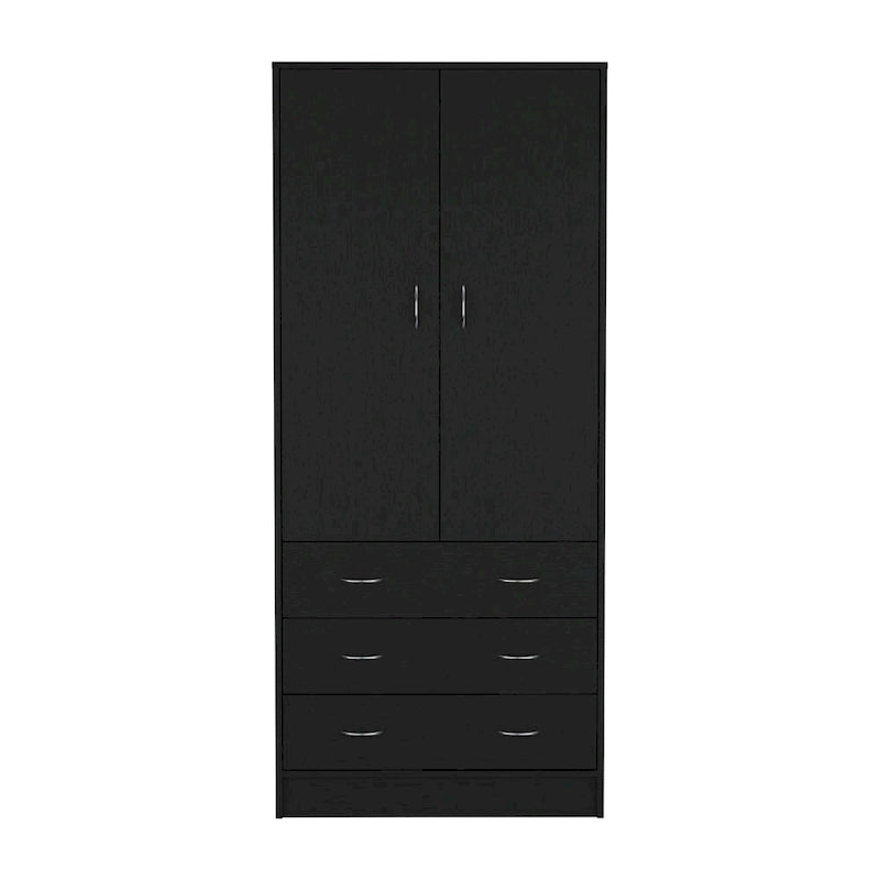 Double Door Wardrobe with 3 Drawers and Hanging Rod