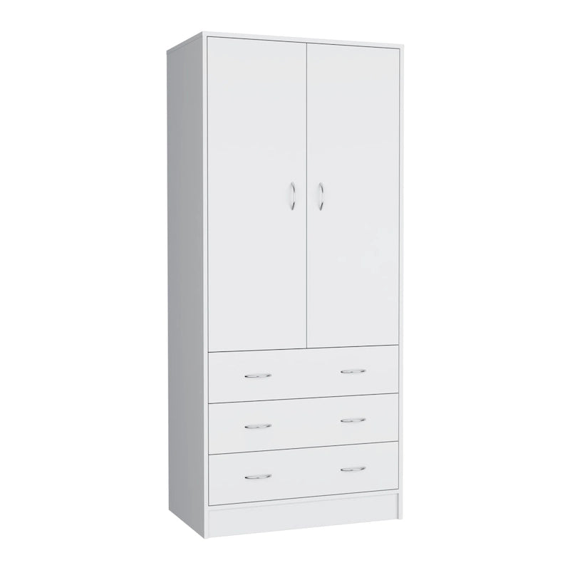 Double Door Wardrobe with 3 Drawers and Hanging Rod
