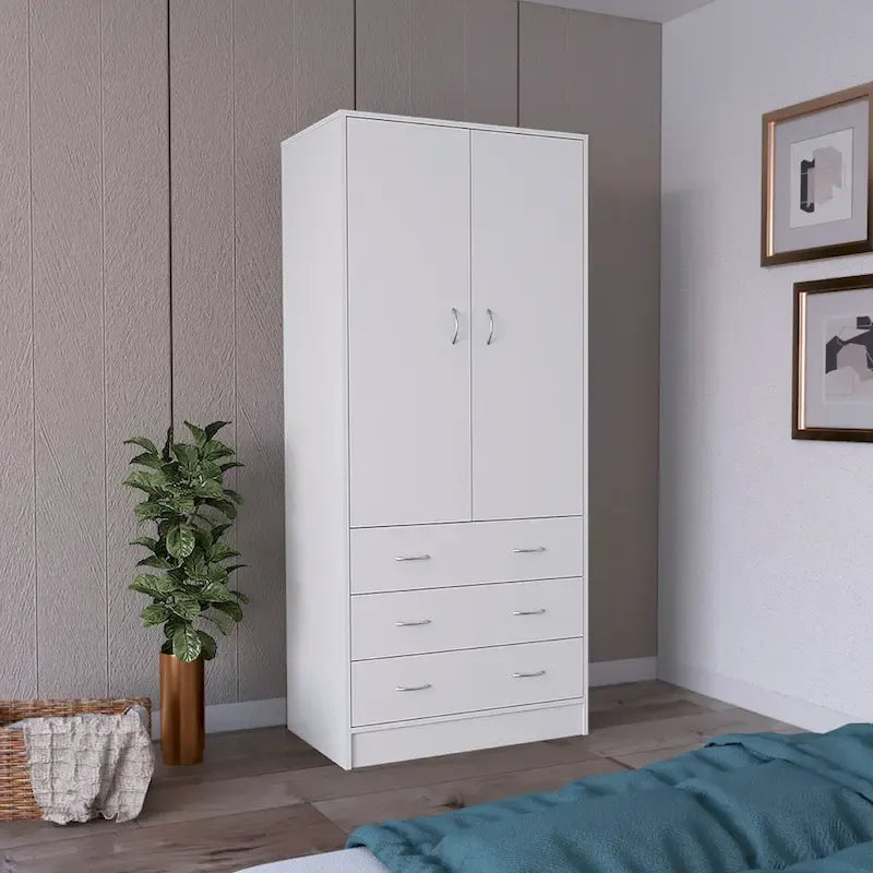 Double Door Wardrobe with 3 Drawers and Hanging Rod