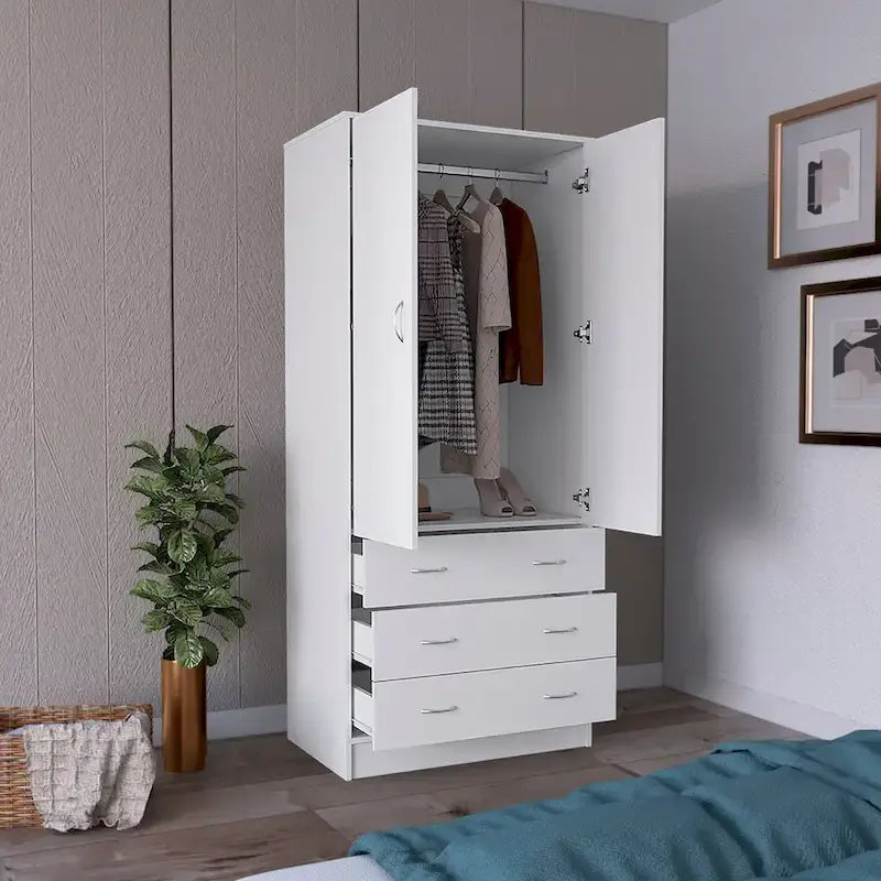 Double Door Wardrobe with 3 Drawers and Hanging Rod