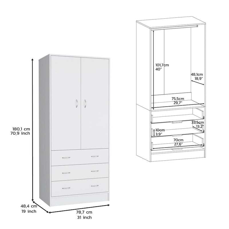 Double Door Wardrobe with 3 Drawers and Hanging Rod