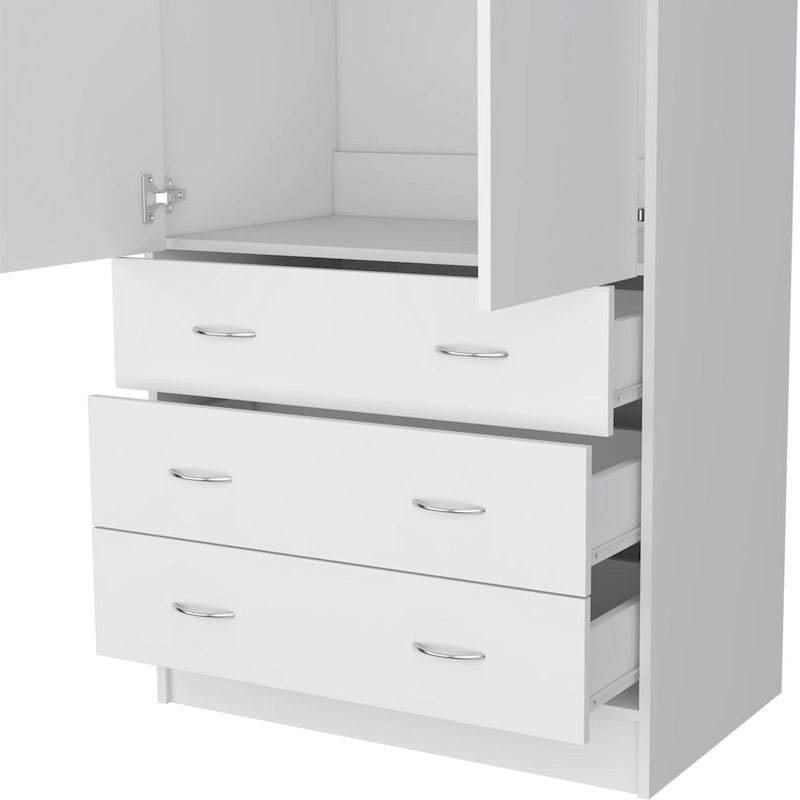 Double Door Wardrobe with 3 Drawers and Hanging Rod