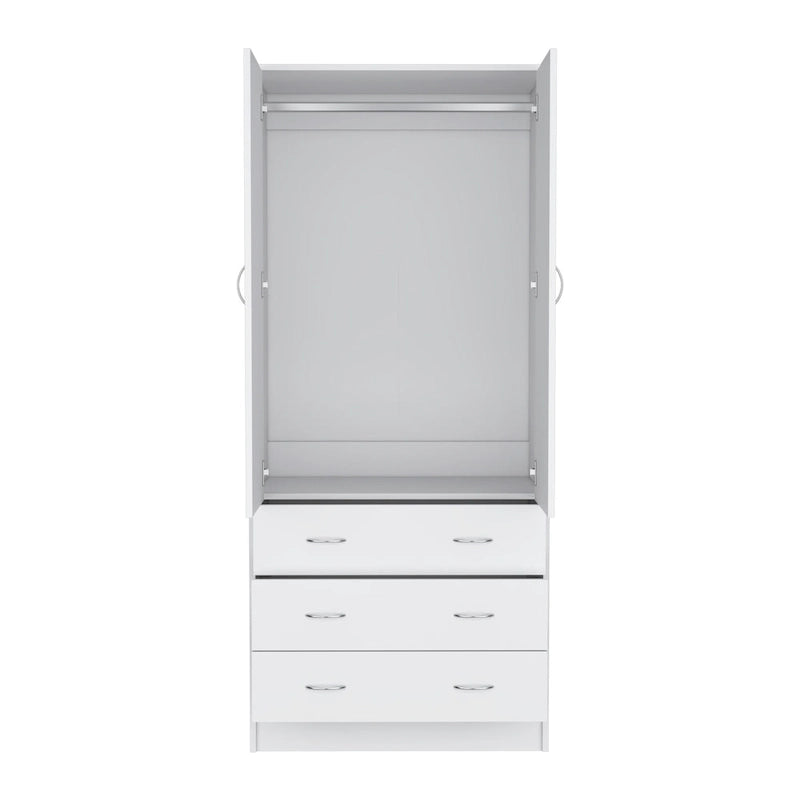 Double Door Wardrobe with 3 Drawers and Hanging Rod