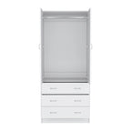 Double Door Wardrobe with 3 Drawers and Hanging Rod