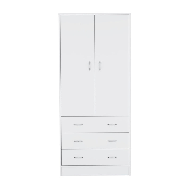 Double Door Wardrobe with 3 Drawers and Hanging Rod