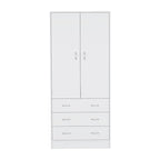 Double Door Wardrobe with 3 Drawers and Hanging Rod