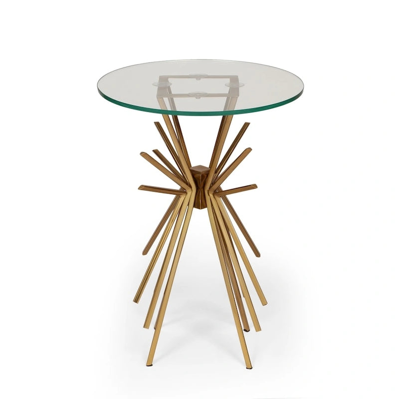 Helios Modern Glam Handcrafted Sunburst Accent Table with Tempered Glass Top by 