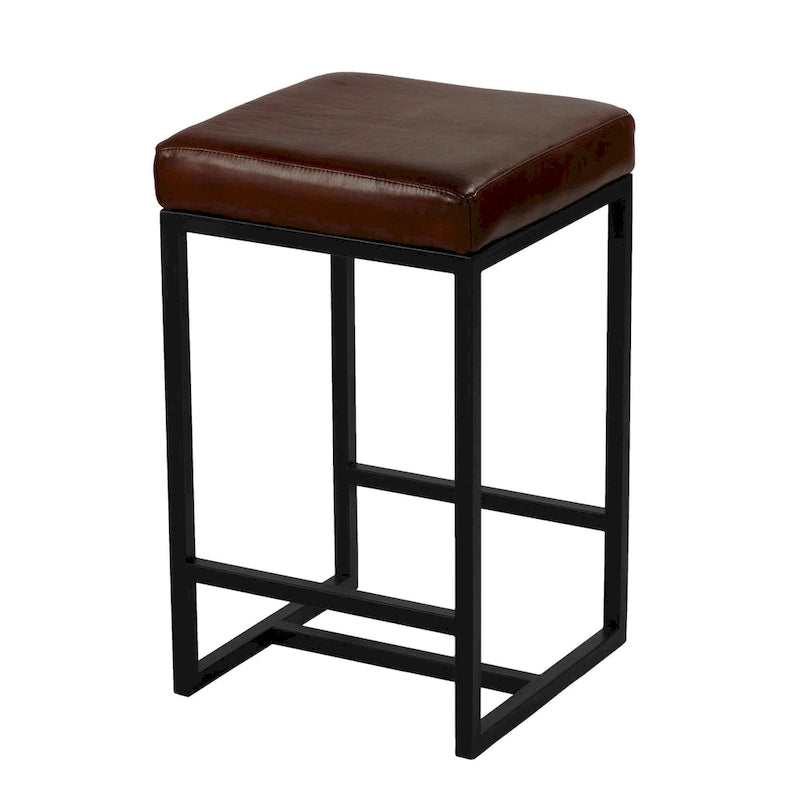  Cognac Backless Counter Stool in Genuine 100% Leather, Brown