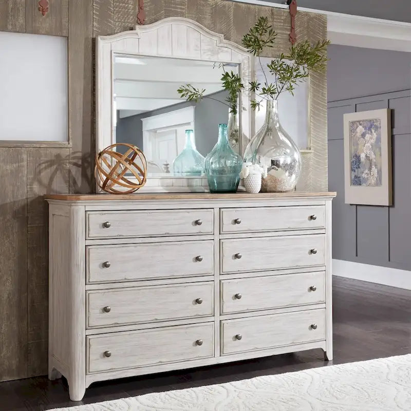 Antique White 8-Drawer Dresser with Chestnut Top