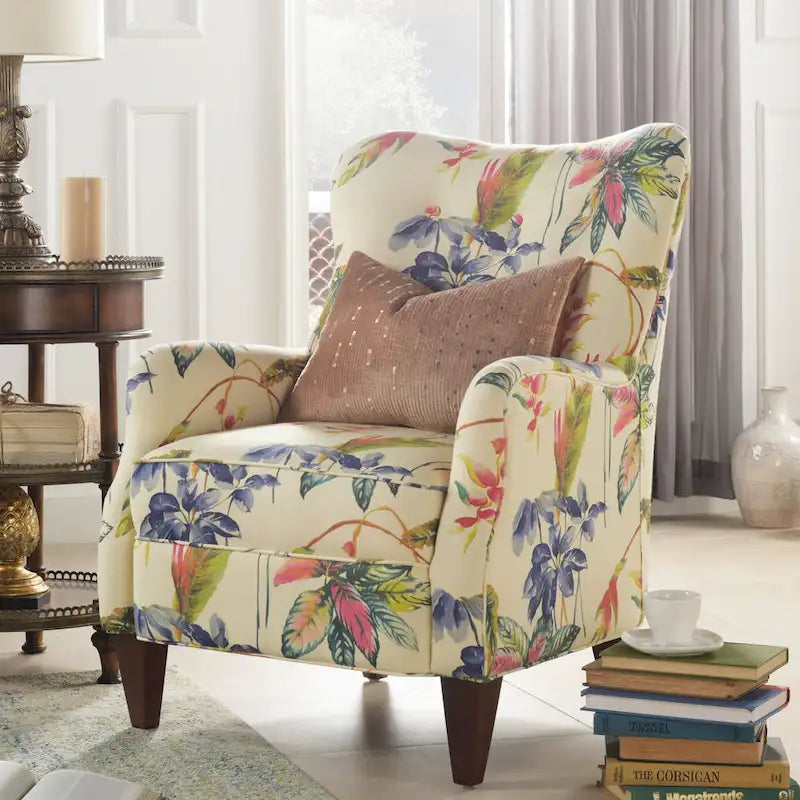 Floral Print Upholstered Armchair with Birchwood Frame