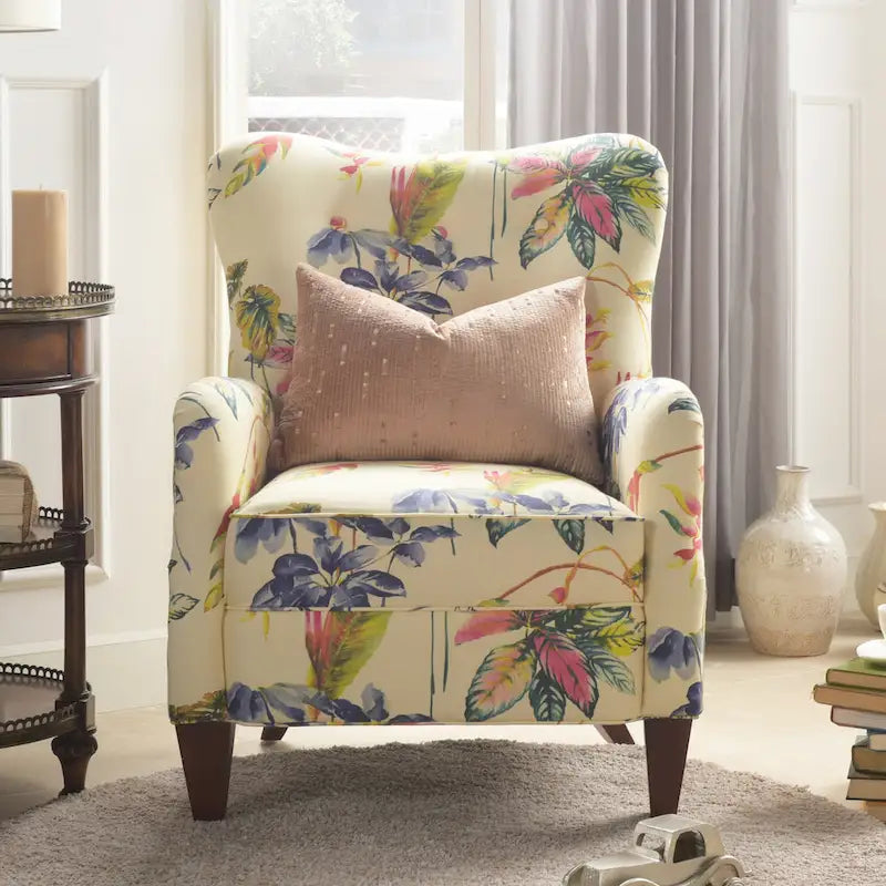 Floral Print Upholstered Armchair with Birchwood Frame