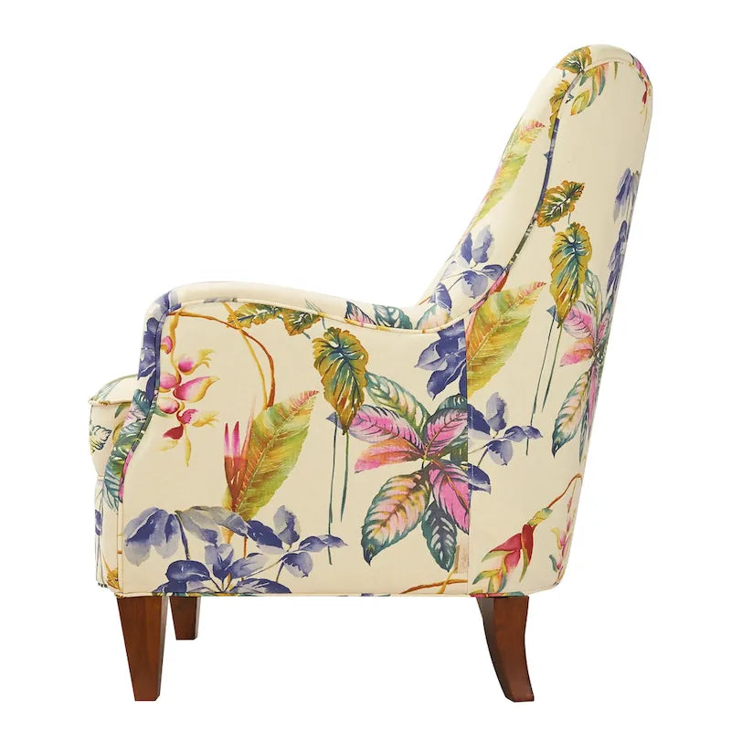 Floral Print Upholstered Armchair with Birchwood Frame