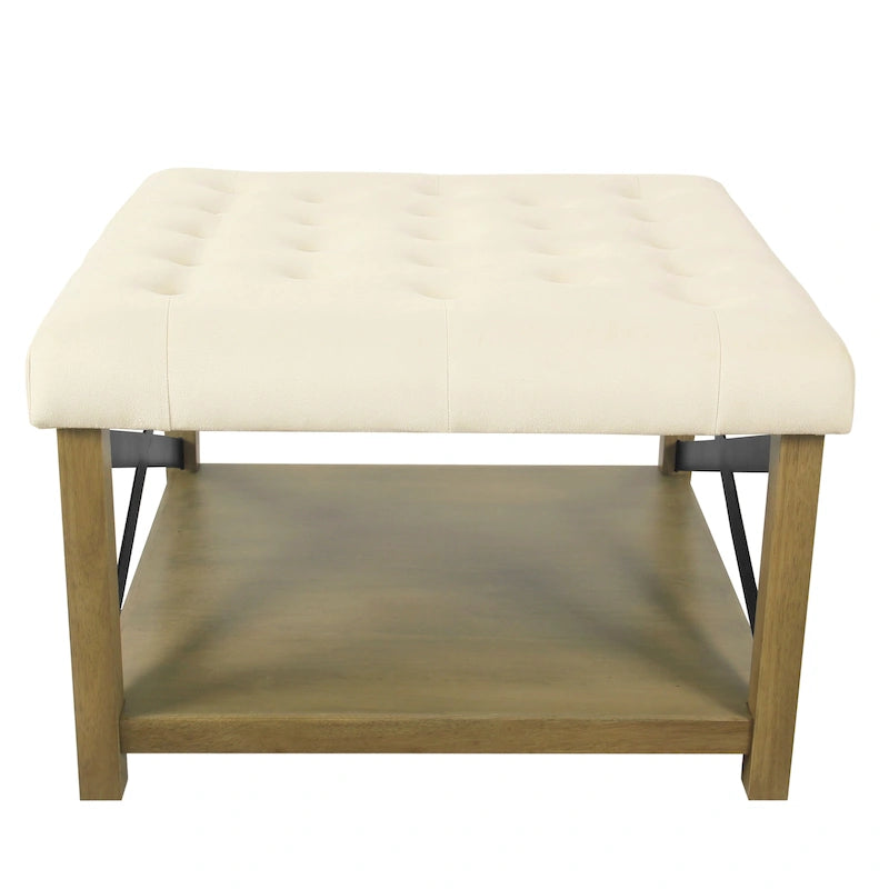 Square Tufted Storage Ottoman with Wood Shelf