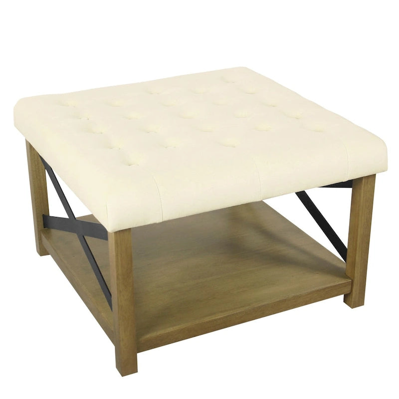 Square Tufted Storage Ottoman with Wood Shelf