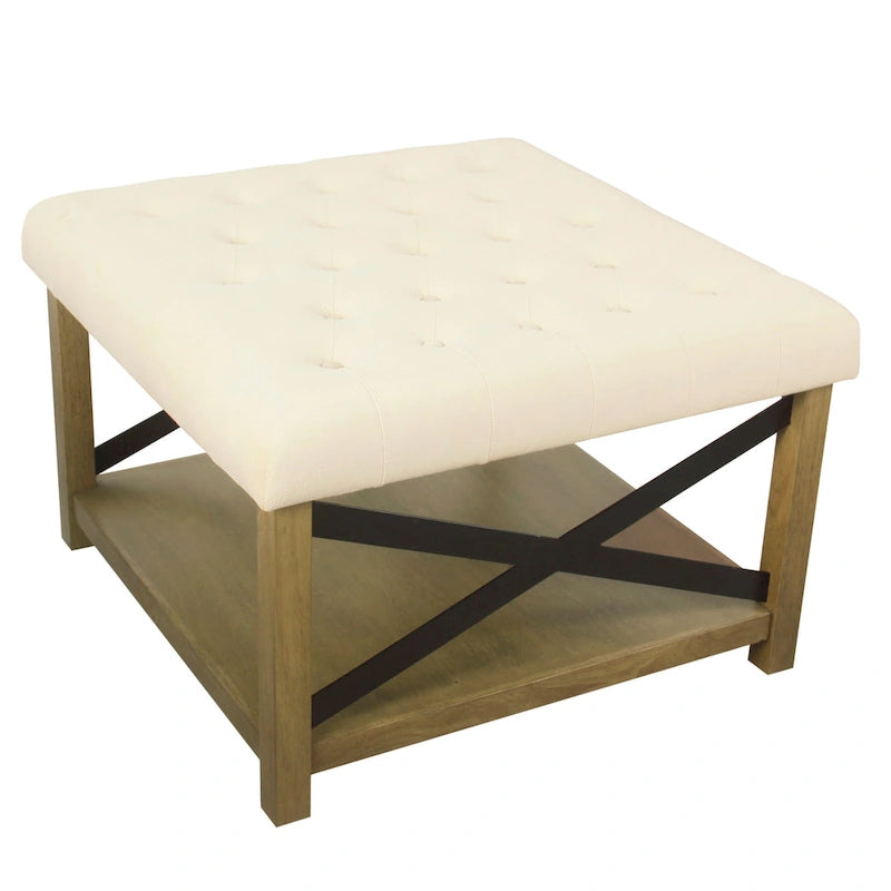 Square Tufted Storage Ottoman with Wood Shelf