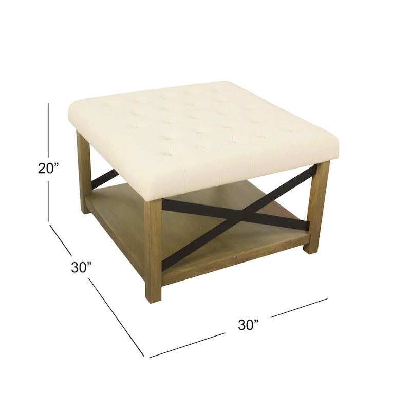 Square Tufted Storage Ottoman with Wood Shelf