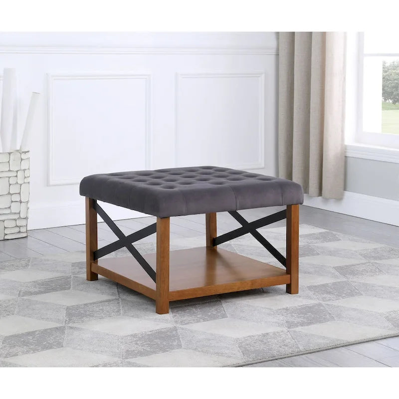 Square Tufted Storage Ottoman with Wood Shelf