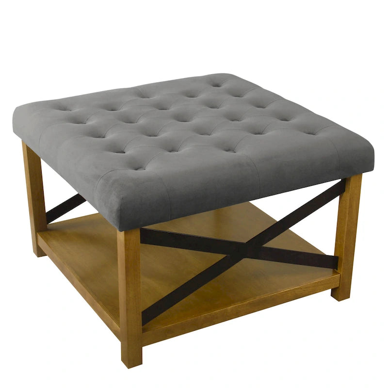 Square Tufted Storage Ottoman with Wood Shelf