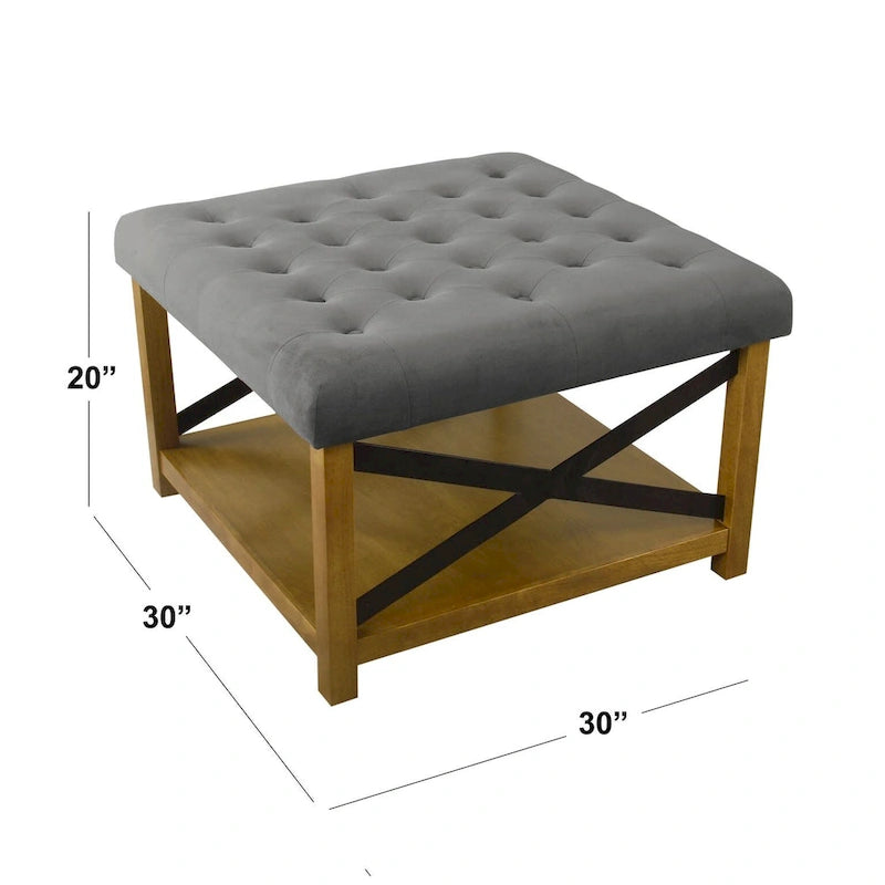 Square Tufted Storage Ottoman with Wood Shelf