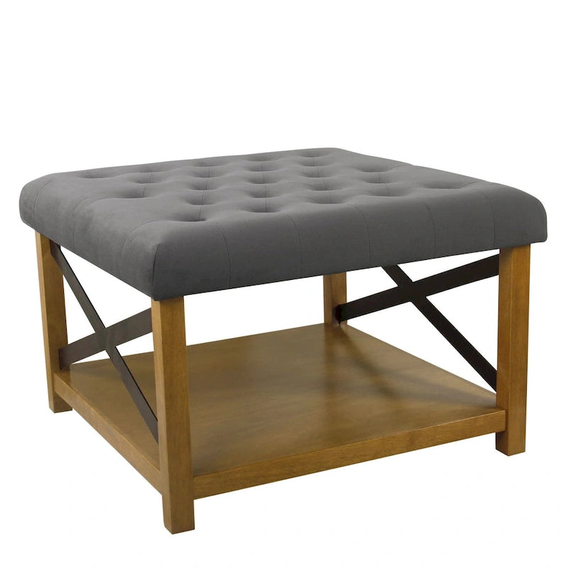 Square Tufted Storage Ottoman with Wood Shelf