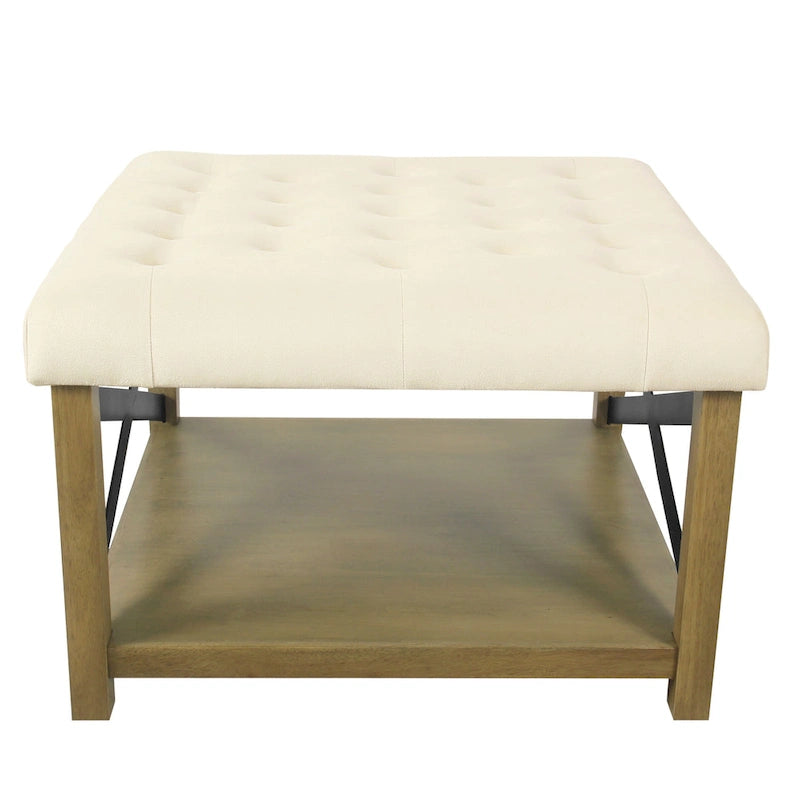 Square Tufted Storage Ottoman with Wood Shelf