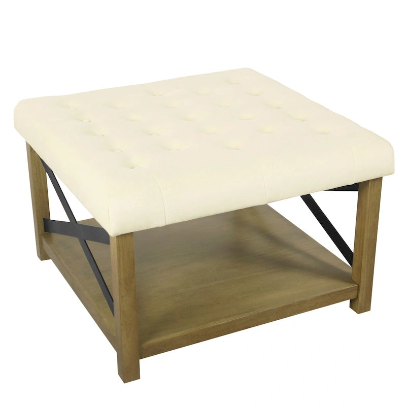 Square Tufted Storage Ottoman with Wood Shelf