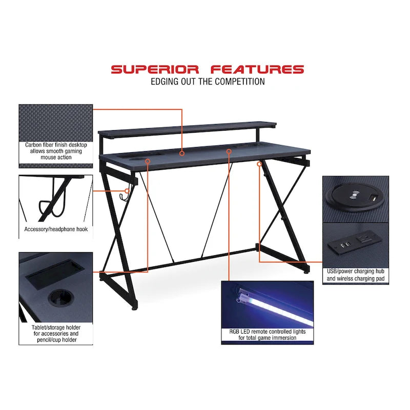 47.8 in. Gaming Desk with RGB LED Lighting and Monitor Shelf