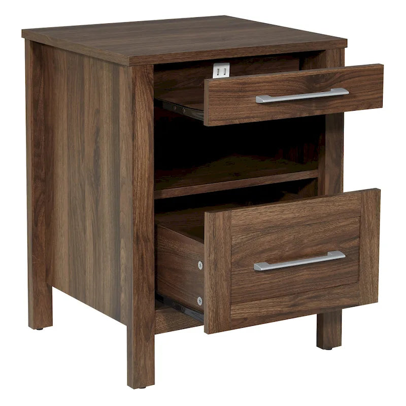 Nightstand with Pull-Out USB Charging Shelf and Bottom Drawer