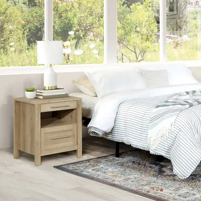 Nightstand with Pull-Out USB Charging Shelf and Bottom Drawer