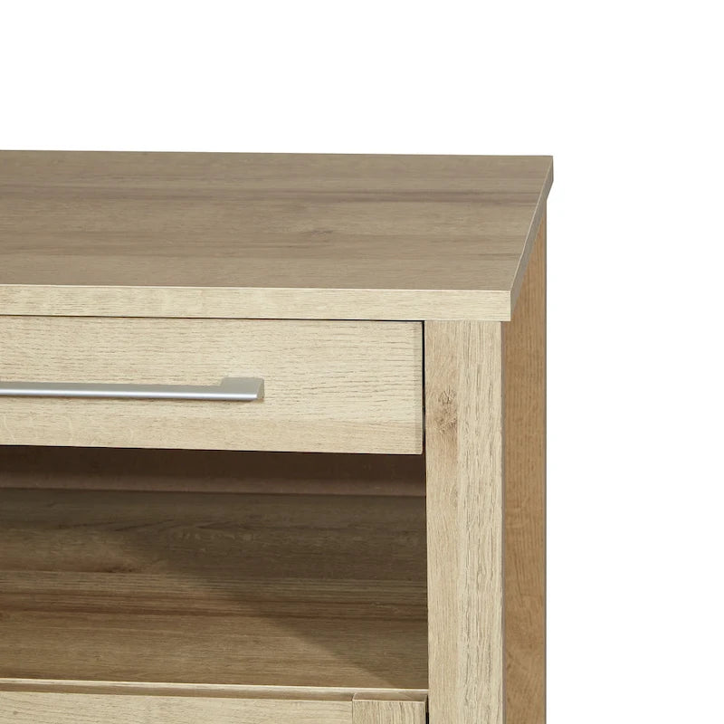 Nightstand with Pull-Out USB Charging Shelf and Bottom Drawer