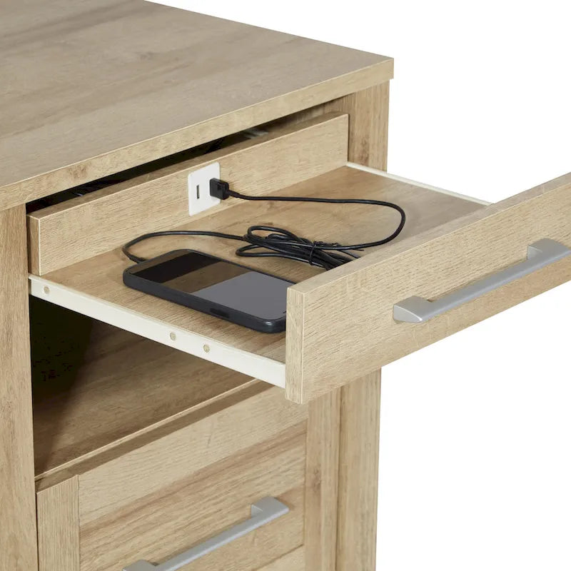 Nightstand with Pull-Out USB Charging Shelf and Bottom Drawer