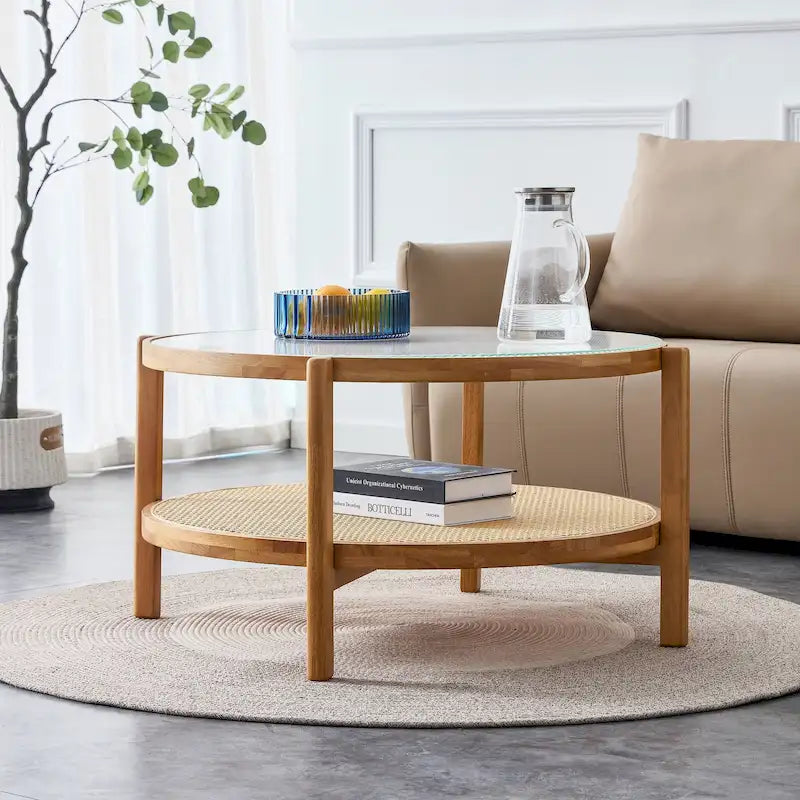 Circular Double-Layer Solid Wood & Glass Coffee Table