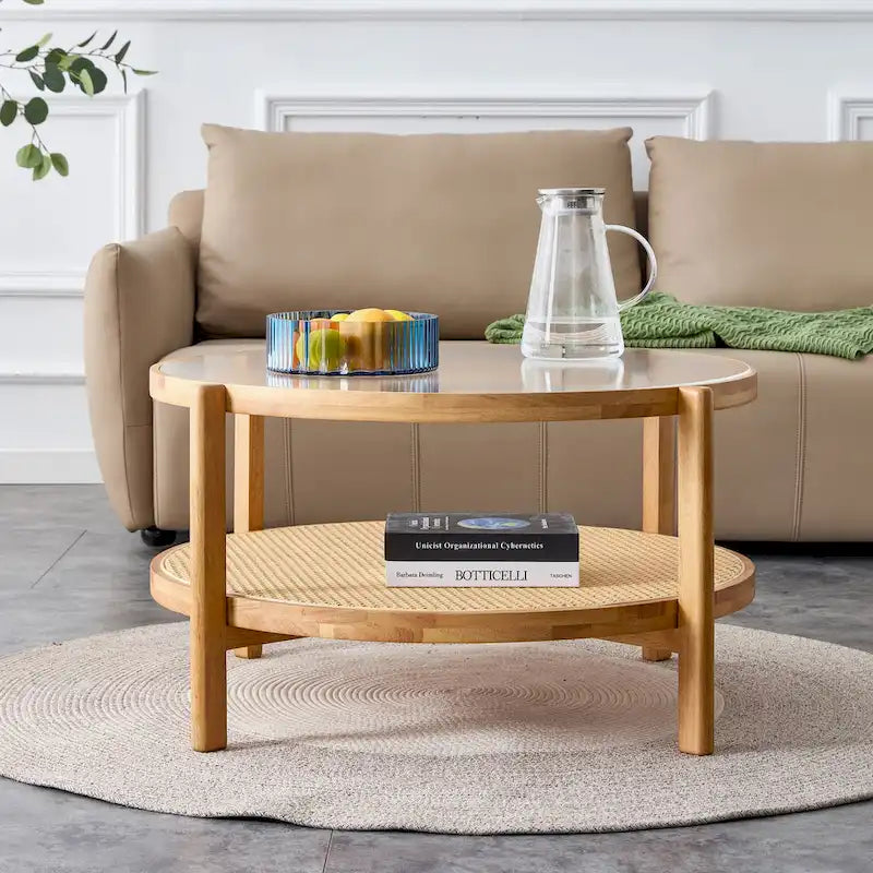 Circular Double-Layer Solid Wood & Glass Coffee Table
