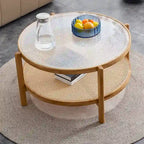 Circular Double-Layer Solid Wood & Glass Coffee Table