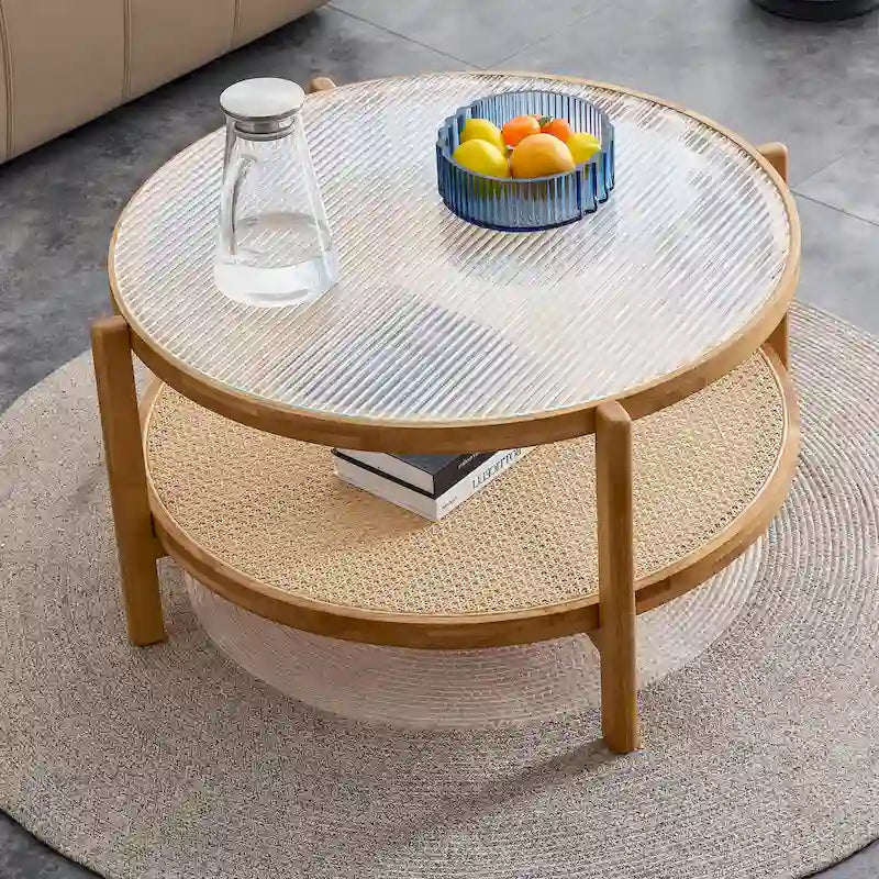 Circular Double-Layer Solid Wood & Glass Coffee Table