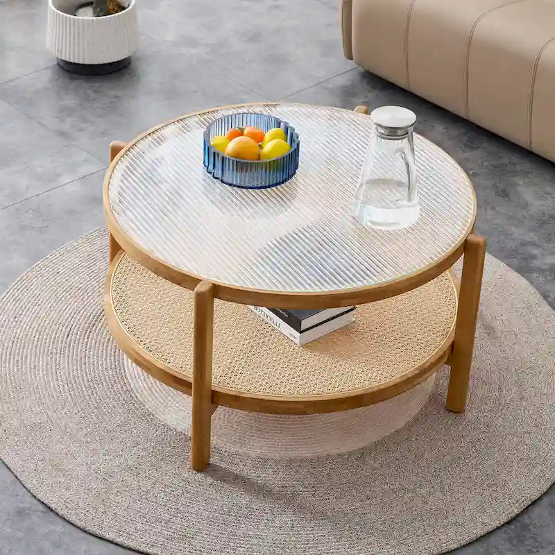 Circular Double-Layer Solid Wood & Glass Coffee Table