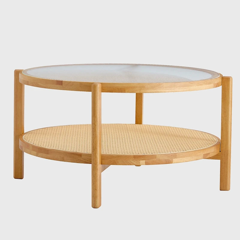 Circular Double-Layer Solid Wood & Glass Coffee Table